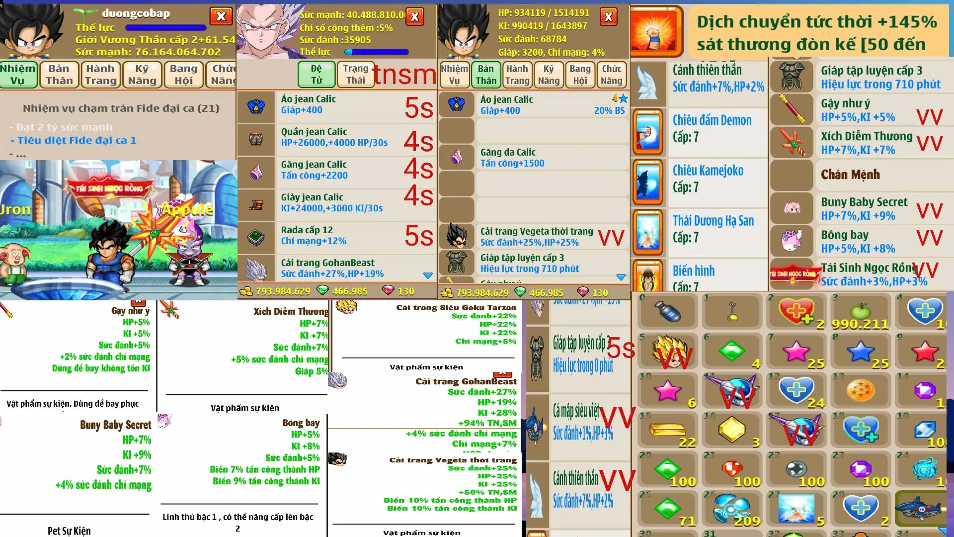 trái đất xịn đã nạp gói 500k có đệ mabu 40ty ct pk cánh các thứ vv ngon giá rẻ